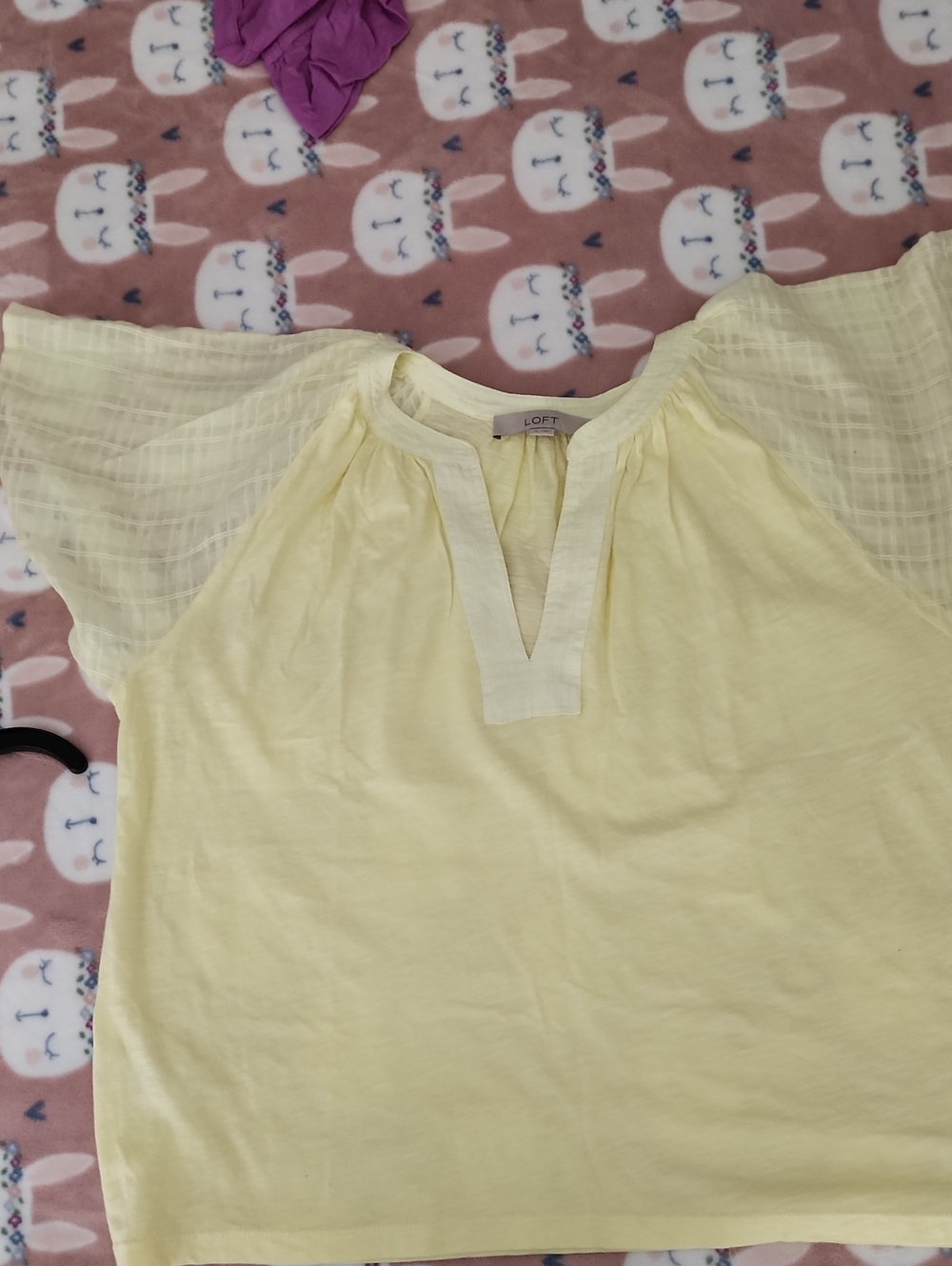 LOFT Pale Yellow Flutter Sleeve Split-Neck Blouse